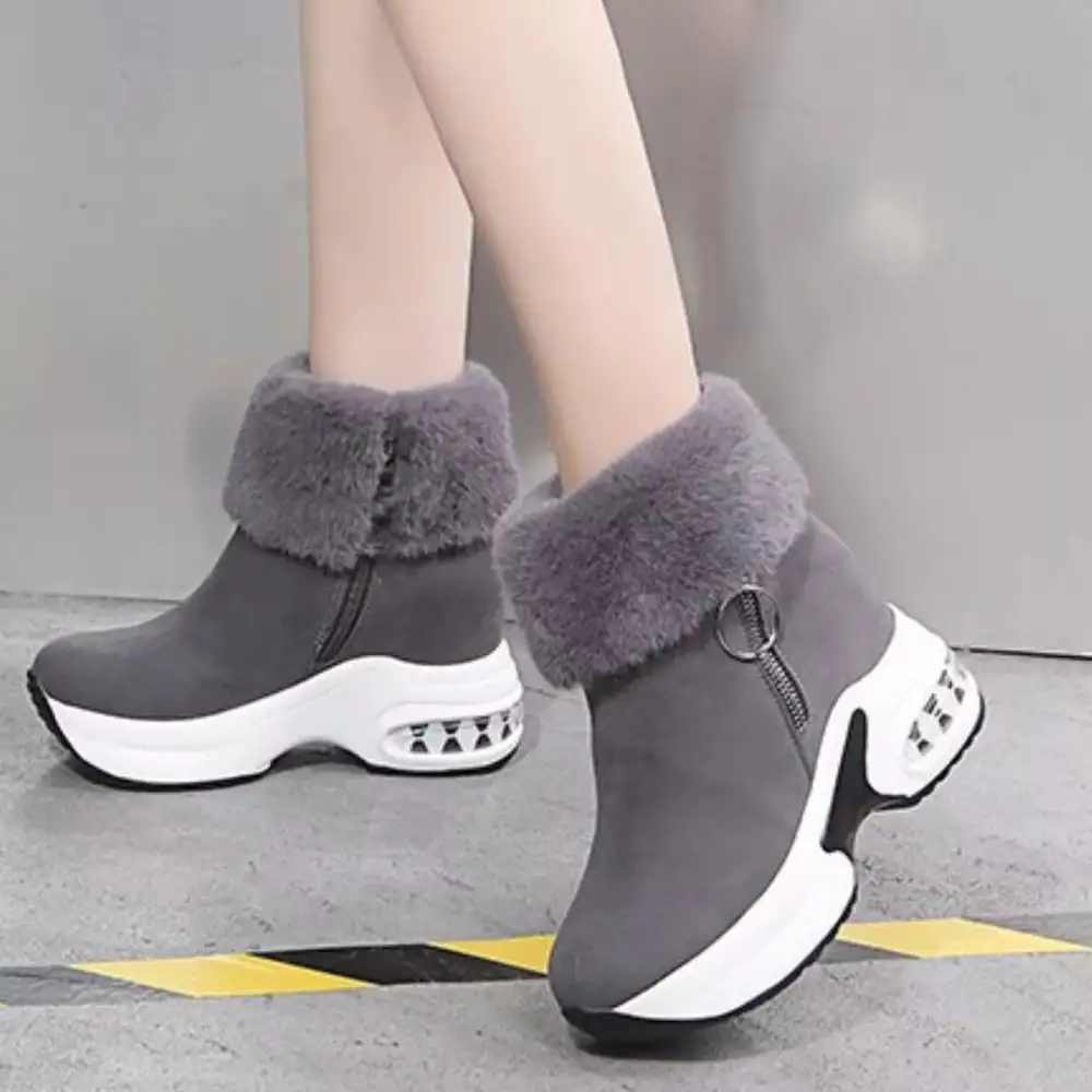 Fuzzy Side Zipper Platform Ankle Boots