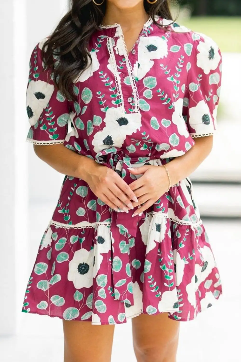 Gathered Detail Floral Printed Puff Sleeve Mini Dress
