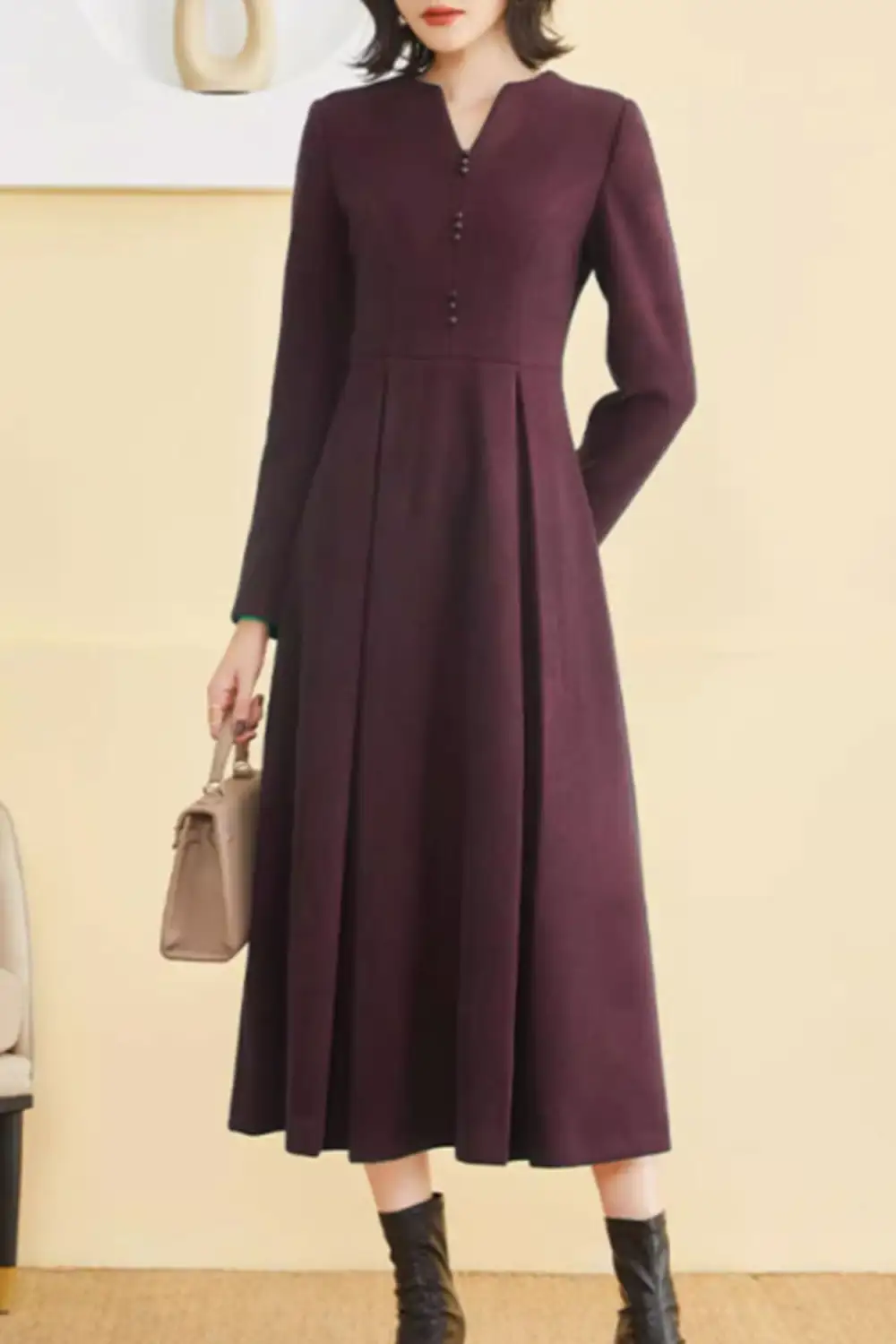 Flowing Wool Blend Fit And Flare Long Sleeve Midi Dress