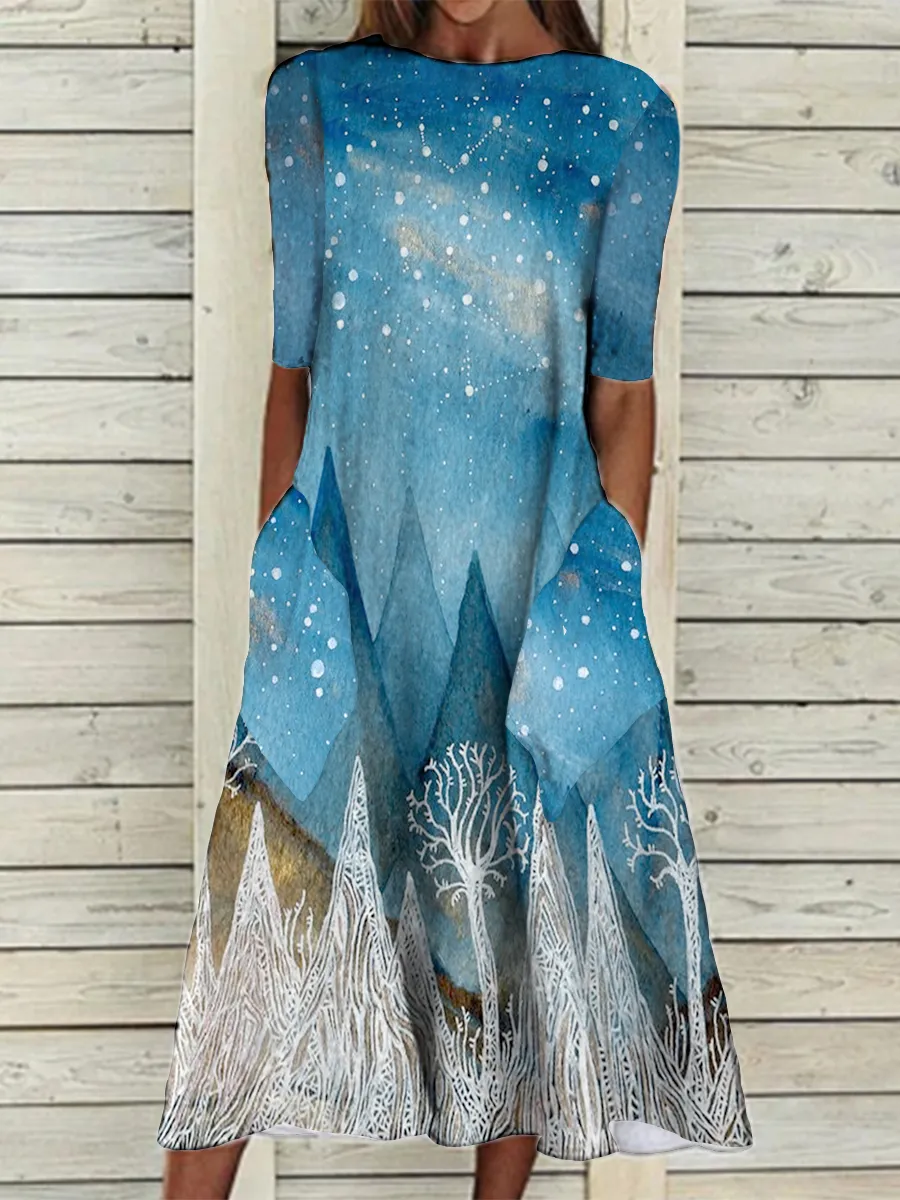 Casual Loose Landscape Print Short-sleeved Midi Dress