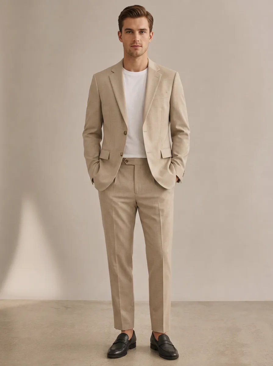 Men's Casual Business Beige Solid Color Tailored Suit Set