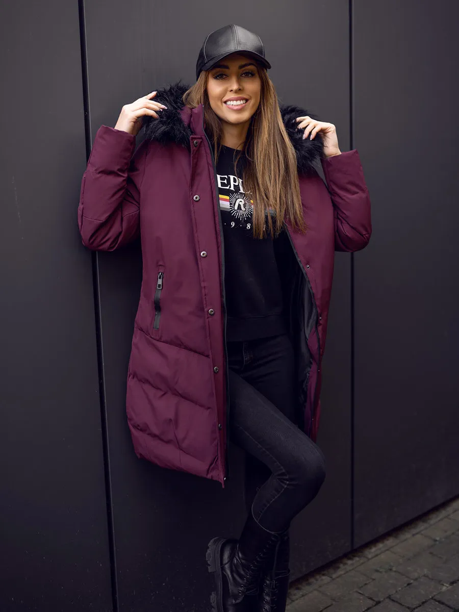 Wine Women's Quilted Winter Jacket With Hood