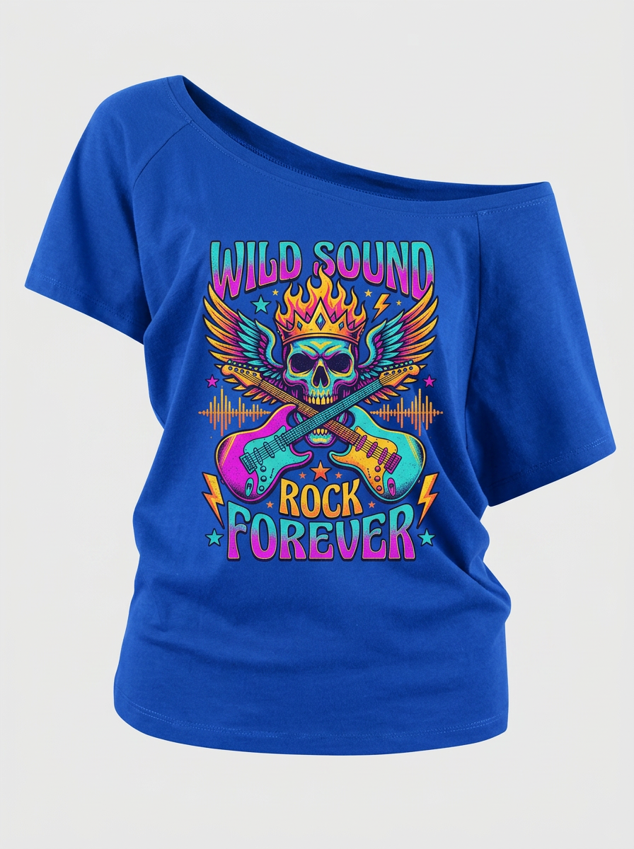 Women's Rock Music Lover Flaming Skull Guitar Printed Off-Shoulder Top