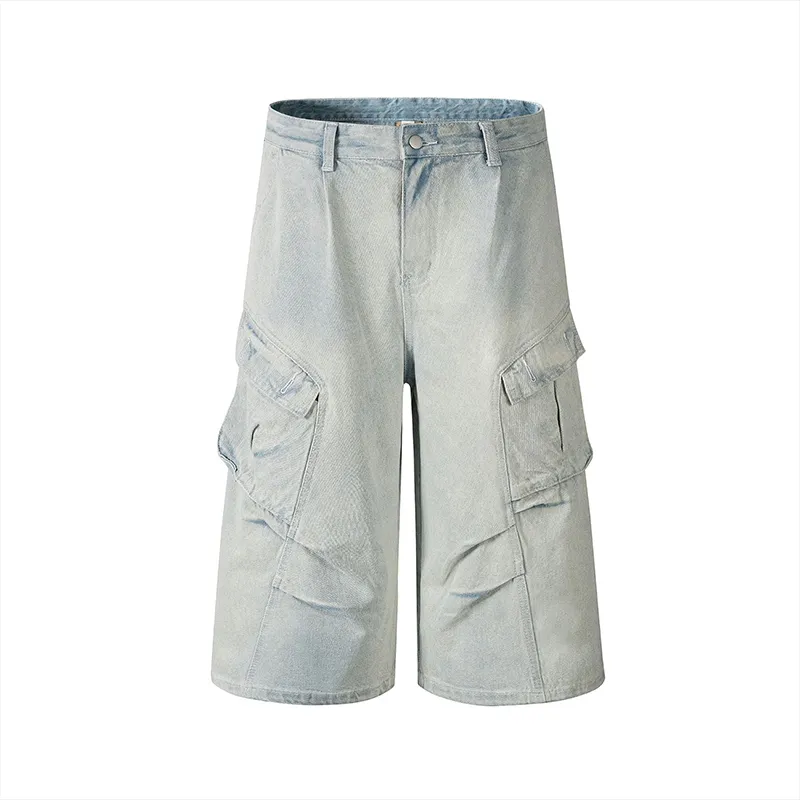 Vintage Wash Distressed Wide Leg Denim Shorts