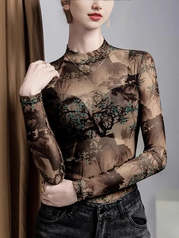 Long Sleeve Curve Fit Asymmetric Mesh Sheer Panel Detail Round Neck T-Shirt