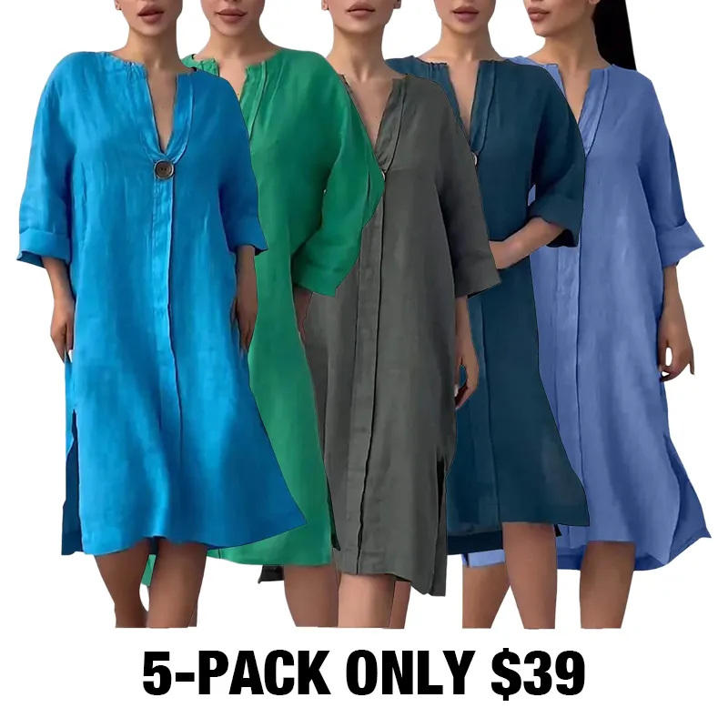 Women'S Solid Color Casual Cotton And Linen Dress-5-PACK