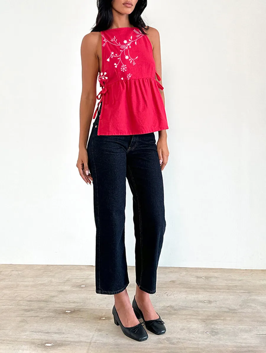 Tie Side Sleeveless Top In Tango Red