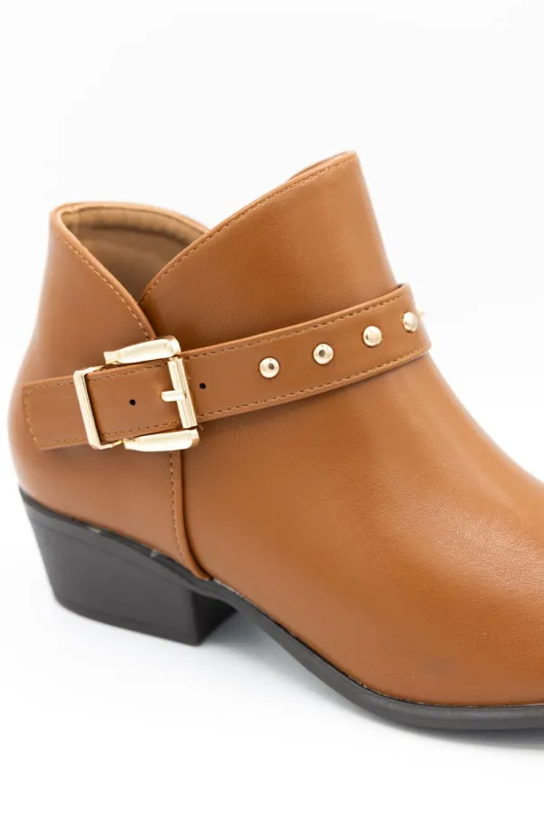 Buckle Detail Faux Leather Zip Entry Round Toe Bootie