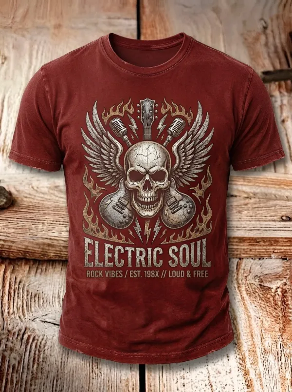 Unisex Rock Music Lover Skull Guitar Wings Printed T-shirt