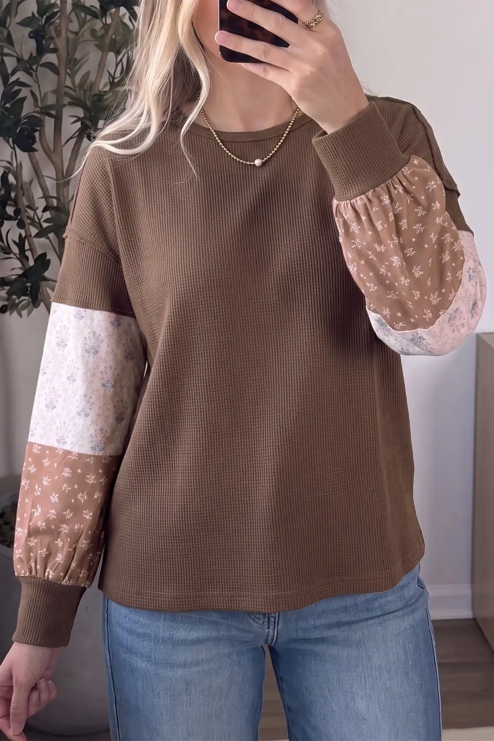 Floral Print Waffle Knit Loose Fit Long Sleeve Top