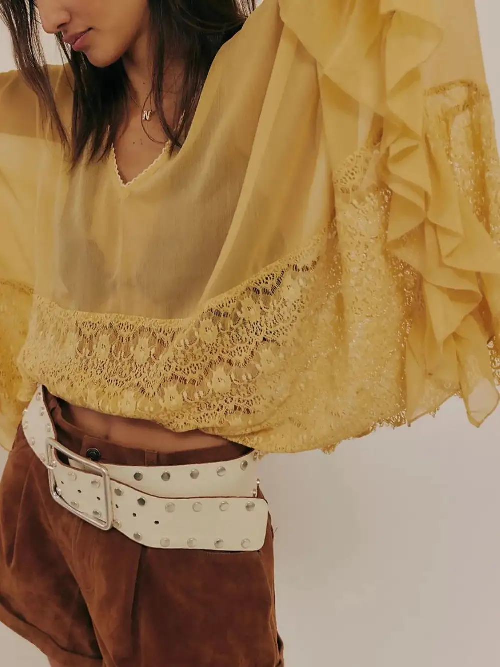 Lace V Neck Ruffle Long Sleeve Swim Cover Up
