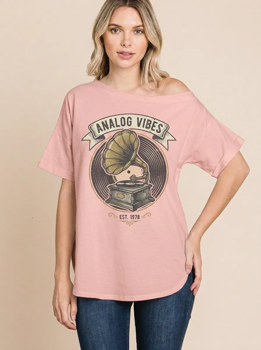 Women's Music Analog Vibes Gramophone Graphic Off-Shoulder T-Shirt