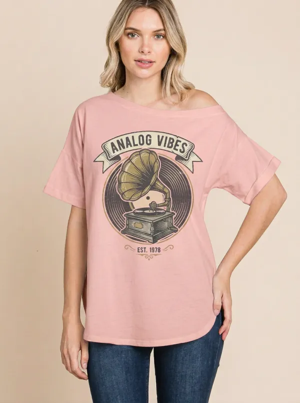 Women's Music Analog Vibes Gramophone Graphic Off-Shoulder T-Shirt