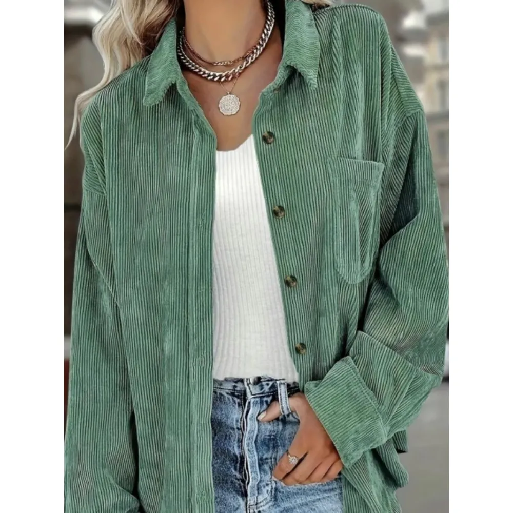 Women's Plain Pocket Button Front Corduroy Shirt