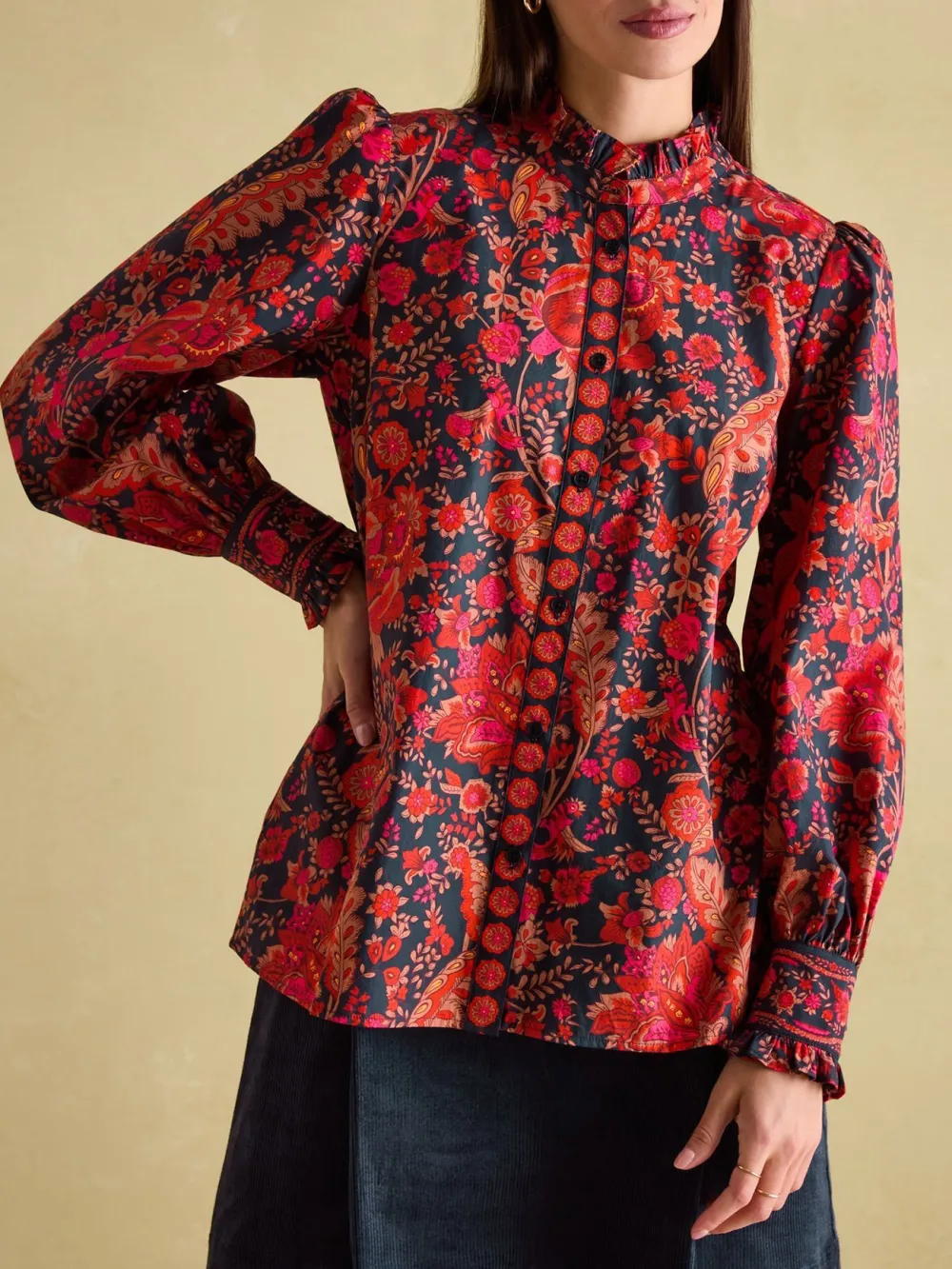 Navy Frill Neck Blouse