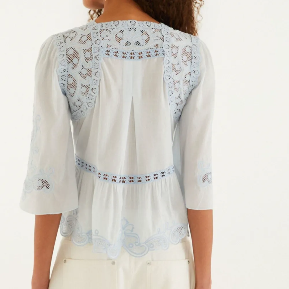 Lace-Trim Embroidered Eyelet Long-Sleeve Blouse