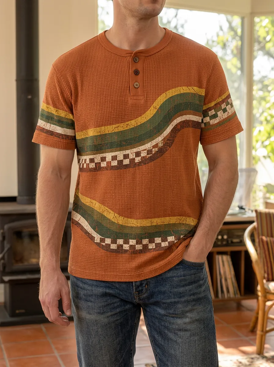 Men's Retro Waffle Knit Wavy Checkered Printed Henley T-shirt