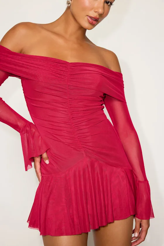 Milith Red Mesh Off-the-Shoulder Mini Dress