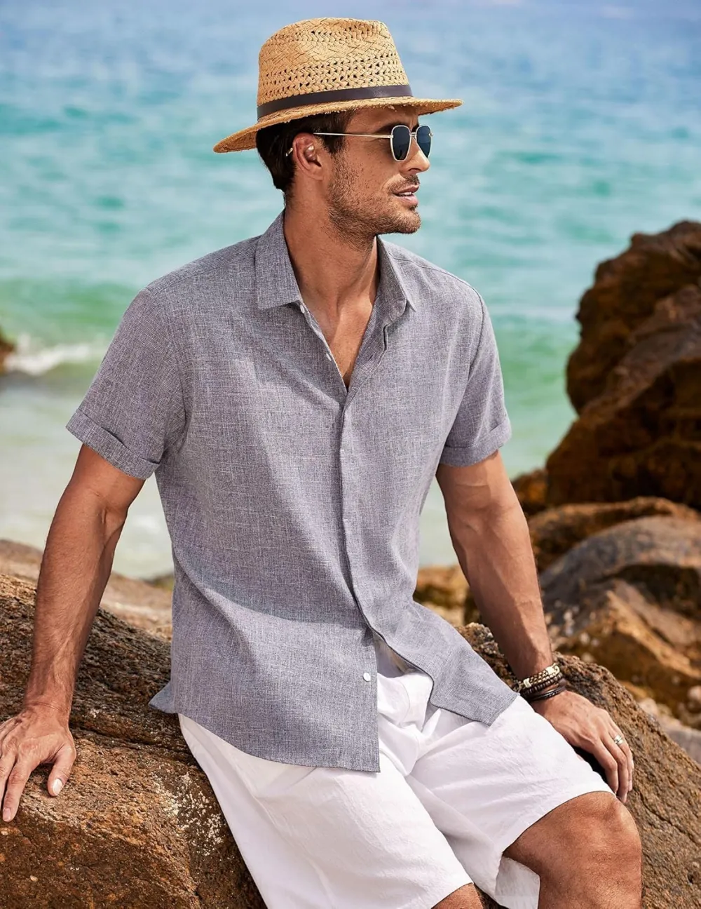 Men's Linen Shirts Short Sleeve Casual Shirts Button Down Shirt for Men Beach Summer Wedding Shirt
