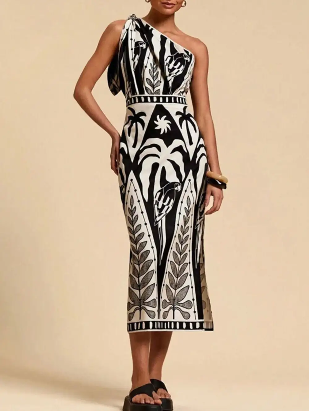 One-Shoulder Tropical Midi Dress