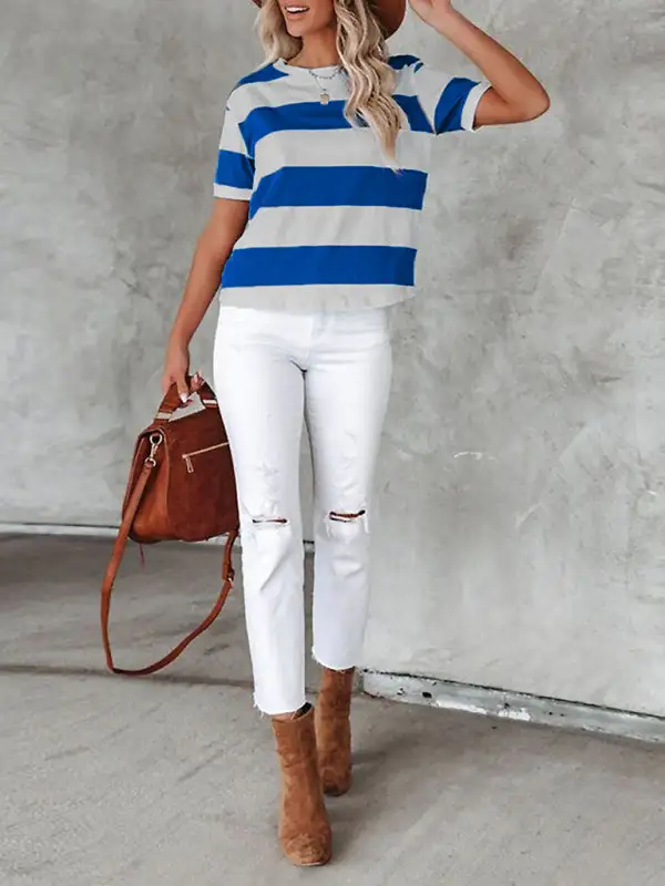 Round-Neck Short-Sleeve Knit Striped T-Shirt
