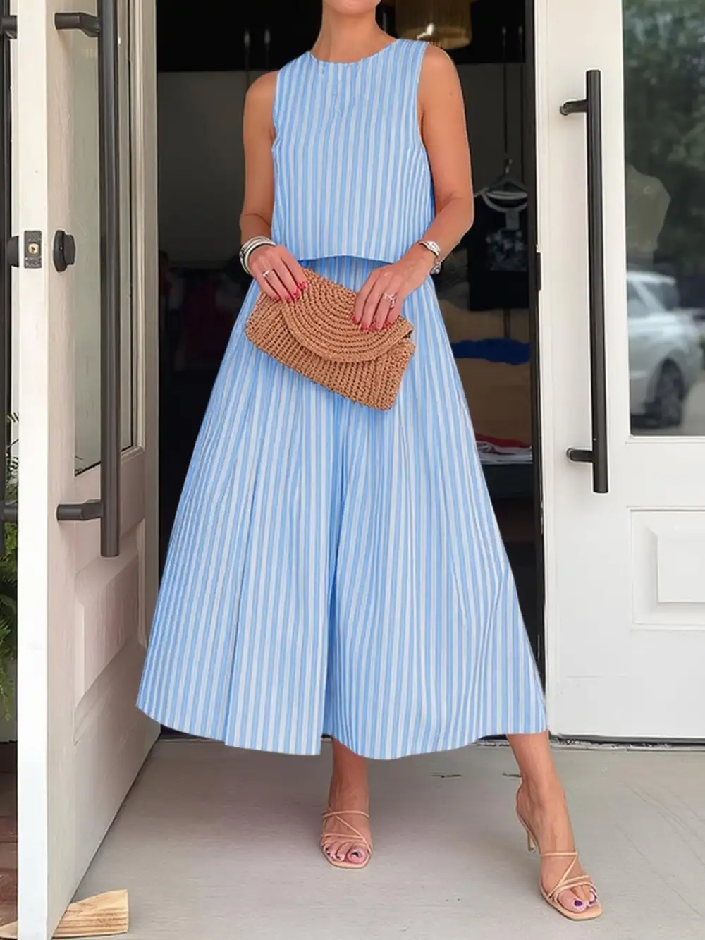 Natural Button Front Sleeveless Detail Coordinated Set