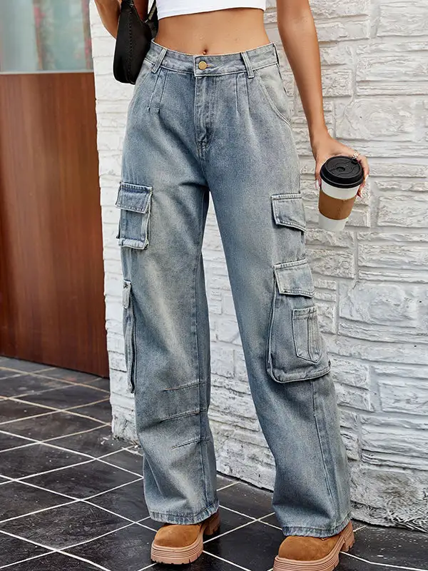 Relaxed Fit Seamed Pleated Pocket Jeans