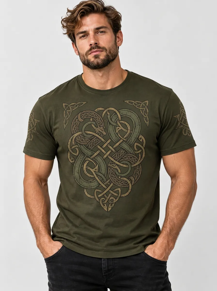 Men's Knotwork-Serpent Crew-Neck Short-Sleeve Chest-Sleeve T-Shirt
