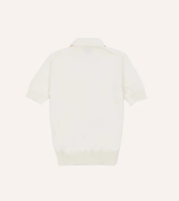 Ecru Knitted Crepe Cotton Short-Sleeve Polo Shirt Daily