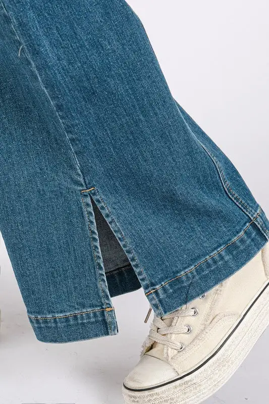 Wash Seam Detail Wide Leg Denim Jeans