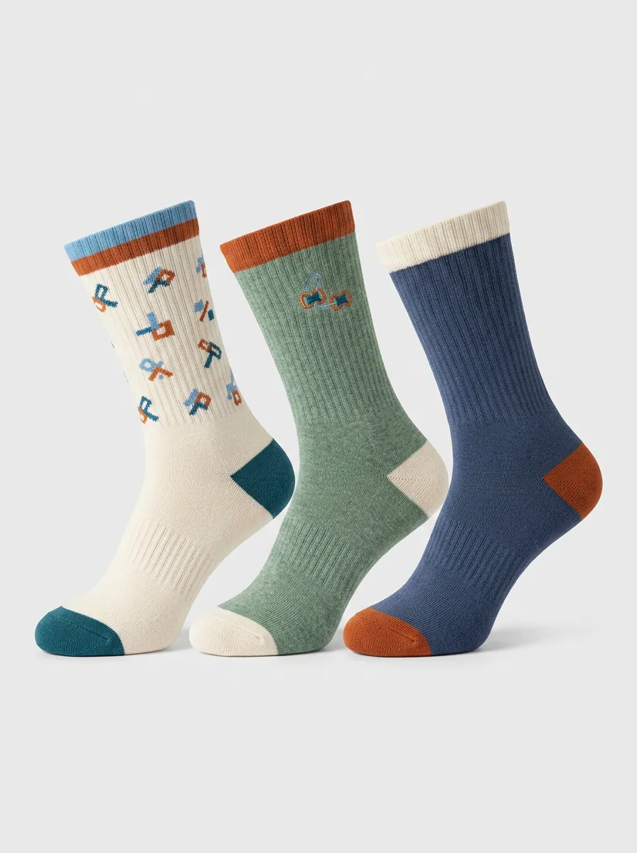 Unisex Geometric Vintage-Inspired Three-Pair Embroidered Crew Socks