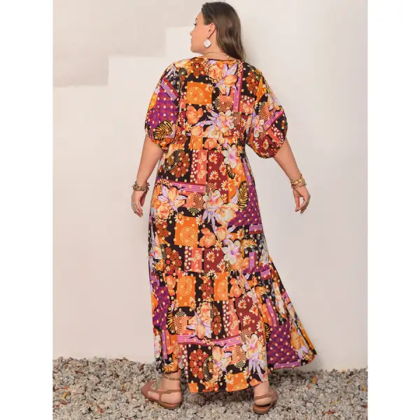 Relaxed Plus Size Printed V Neck Half Sleeve Maxi Dress