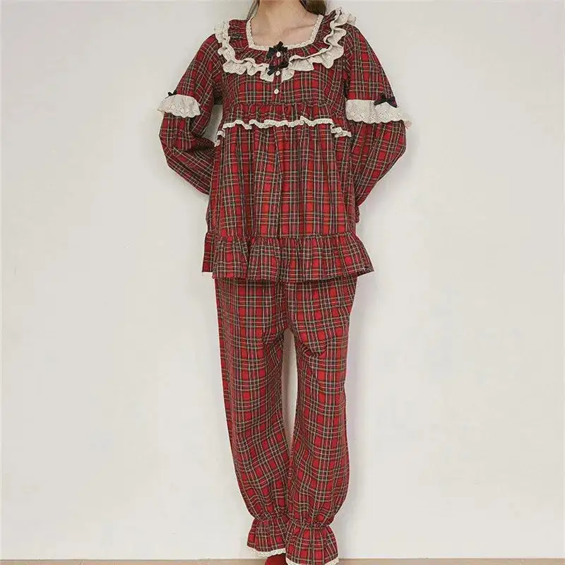 Gingham Long Sleeve Babydoll Top and Wide Leg Pants Lounge Set
