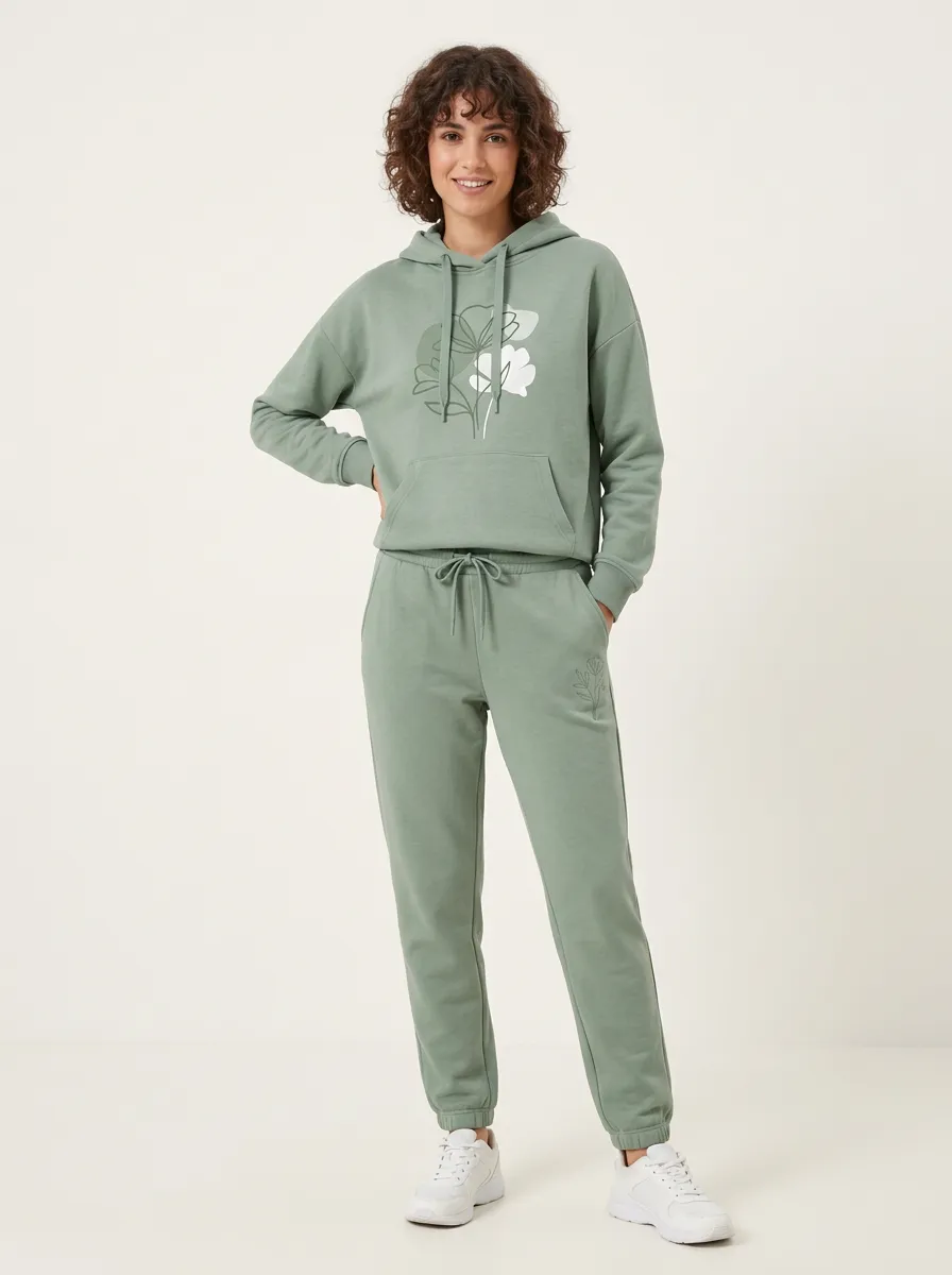 Women's Sage Green Tapered Pants Dropped Shoulder Solid Hoodie & Pants Set