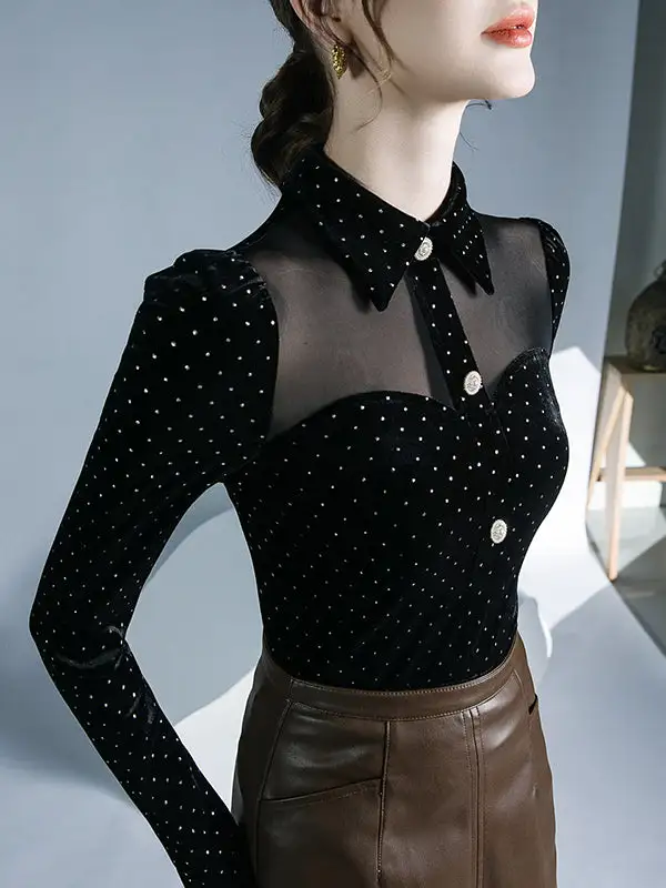 Long Sleeve Slim Fit Button Detail Polka Dot Panel Detail Lapel T-Shirt