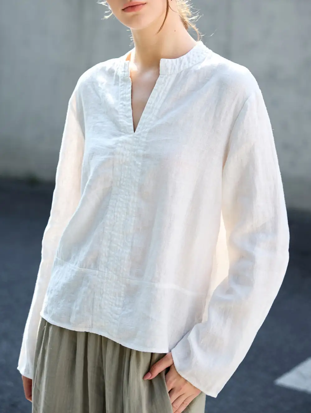 Pure Linen V Neck Long Sleeve Work Tee