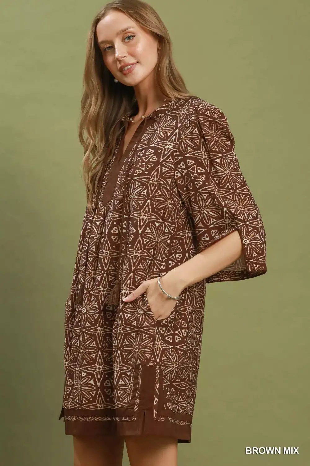 Geometric Print V-Neck Tassel Detail Tunic Dress
