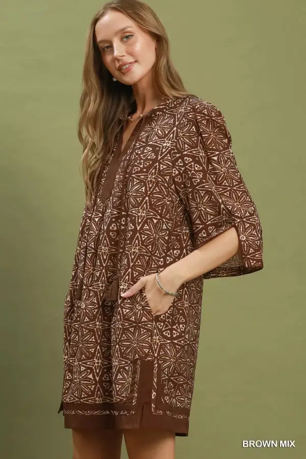 Geometric Print V-Neck Tassel Detail Tunic Dress