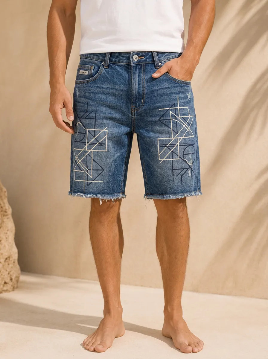 Men's Geometric Abstract Art Printed Denim Shorts