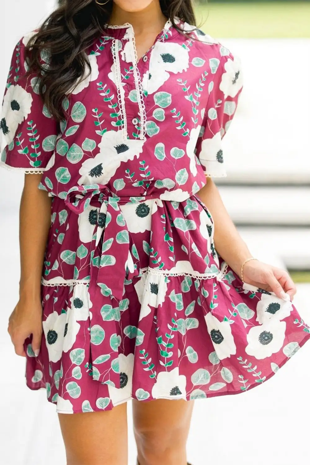 Gathered Detail Floral Printed Puff Sleeve Mini Dress