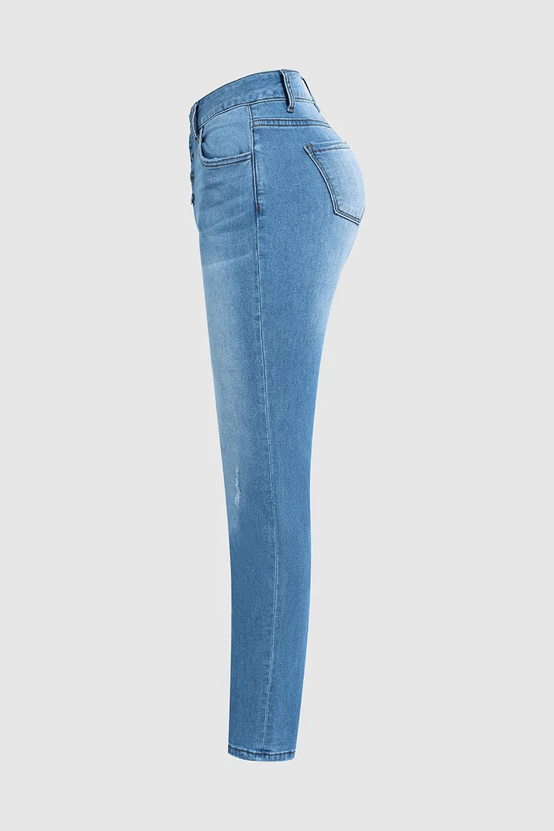 Ripped Button Fly Mid Waist Skinny Jeans