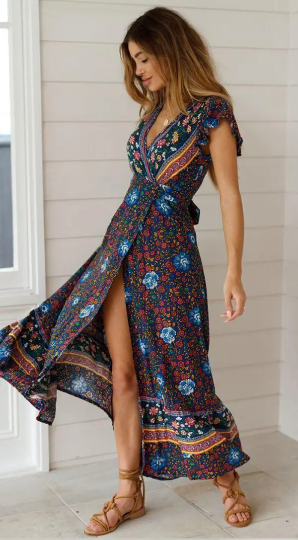 Short Sleeve Boho Floral High Split Maxi Dress