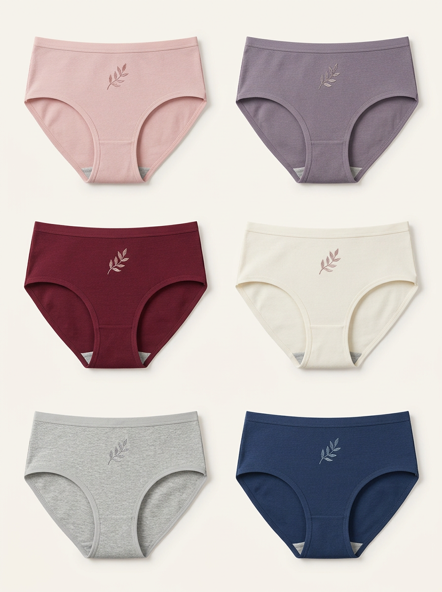 Women's Ribbed Leaf Embroidered Contrast-Gusset Brief Set