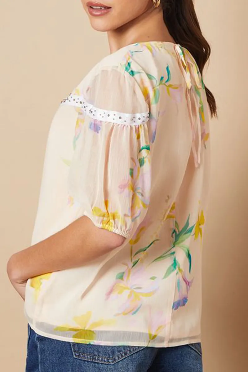 Casual Style Floral Hand Embellished  Blouse