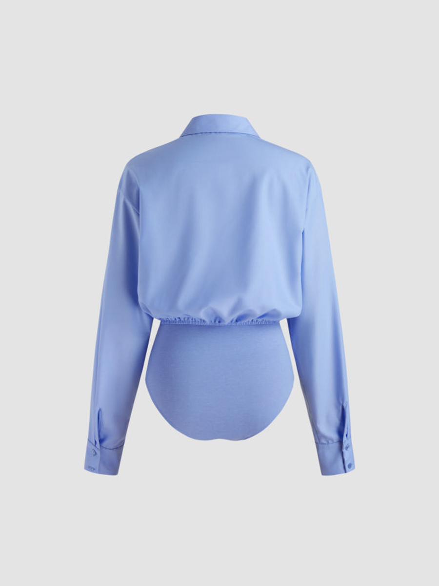 Collar Solid Button Long Sleeve Blouse Bodysuit