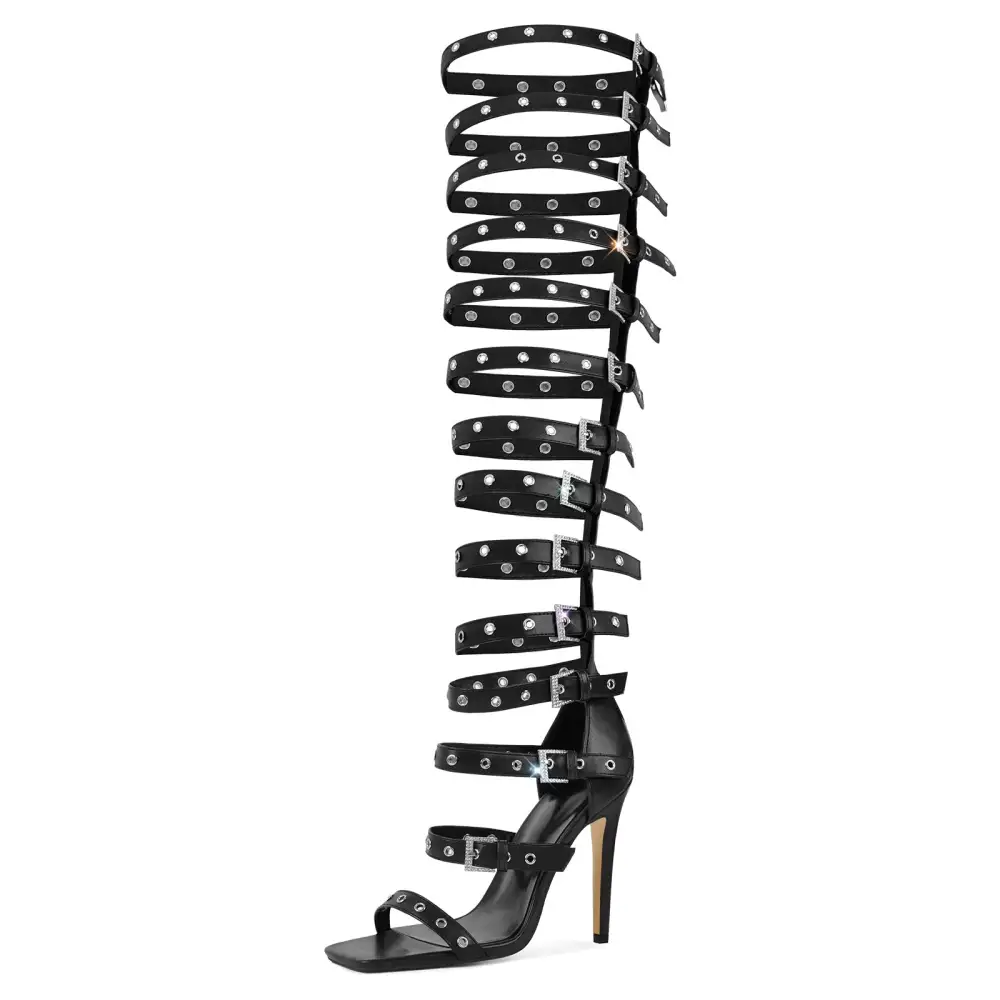 Denim Hollow Buckle Strap Thigh Stiletto Bootie Sandals