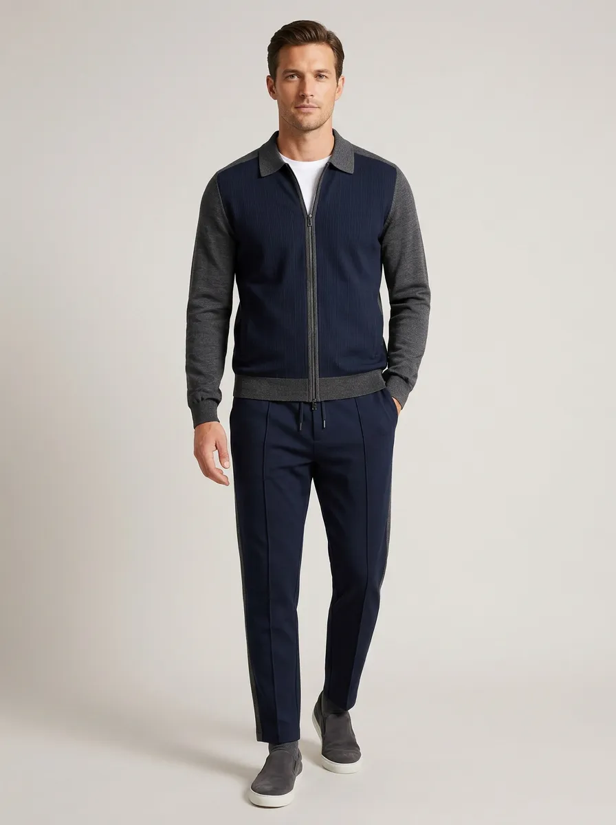 Men's Modern Zip-Up Polo Collar Jacket and Jogger Pants Set