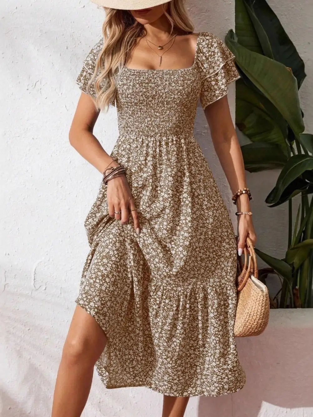 Gathered Detail Floral Printed Ruffle Dress
