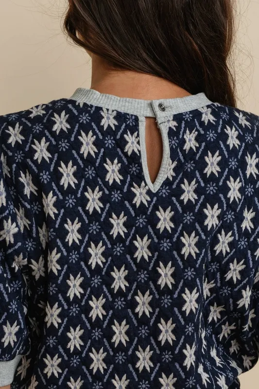 Nordic Star Jacquard Puff Sleeve Knit Top