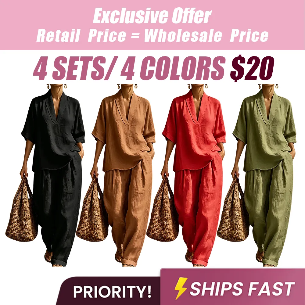 2026 New Relaxed Henley Top and Wide-Leg Pants Co-Ord Set
